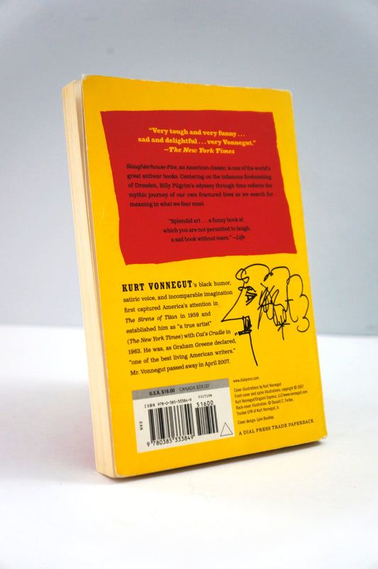 Back cover of a book with yellow and red design on a white background