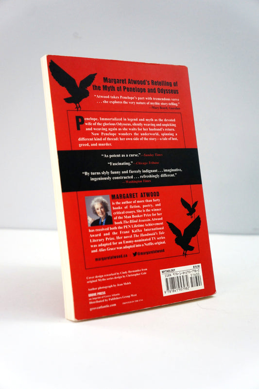 Book cover with red and black design featuring text and images of a woman and birds on a white background.
