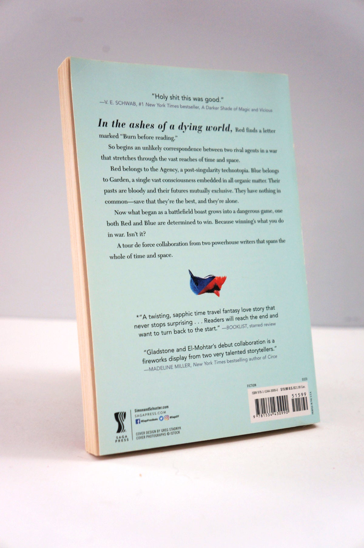 Book back cover with text and a logo on a light gray background