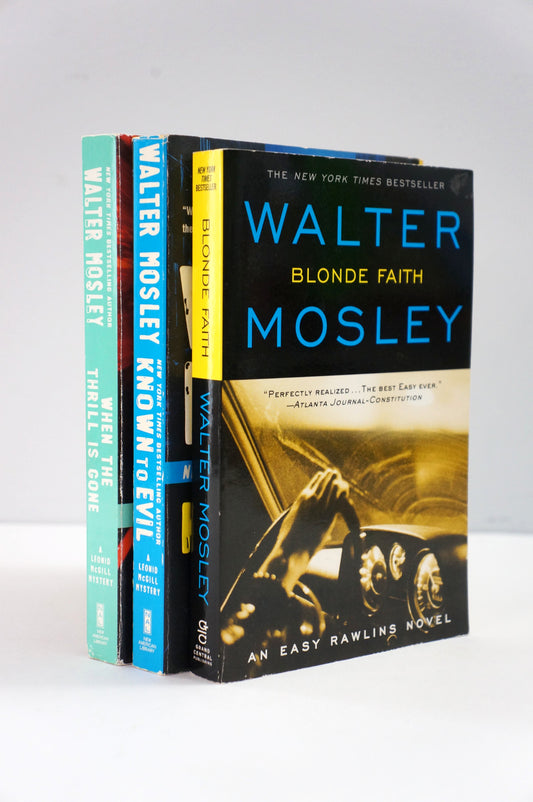 Set of books by Walter Mosley on a white background