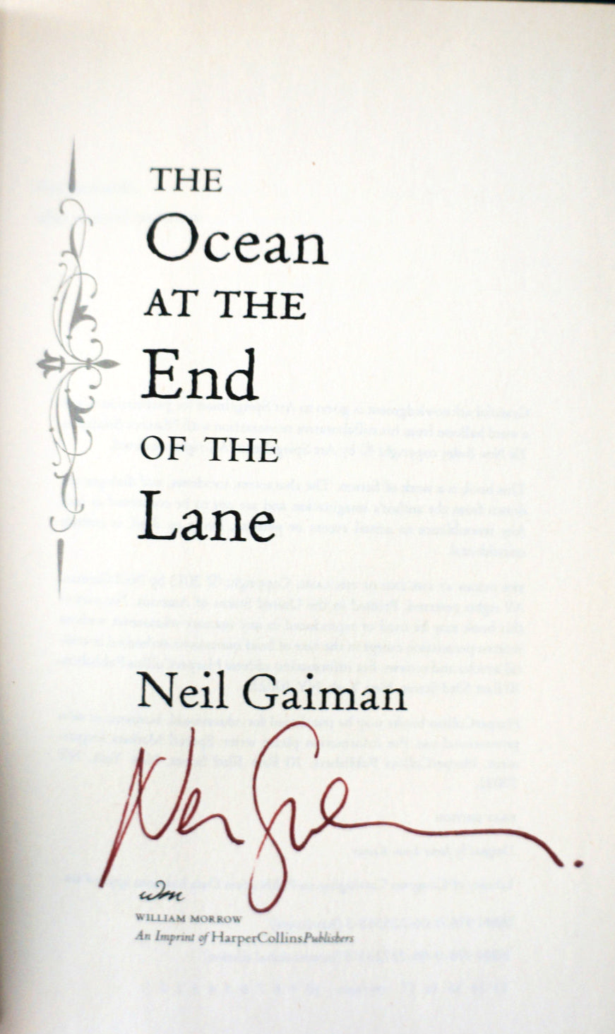 Neil Gaiman signature on the title page of The Ocean at the End of the Lane