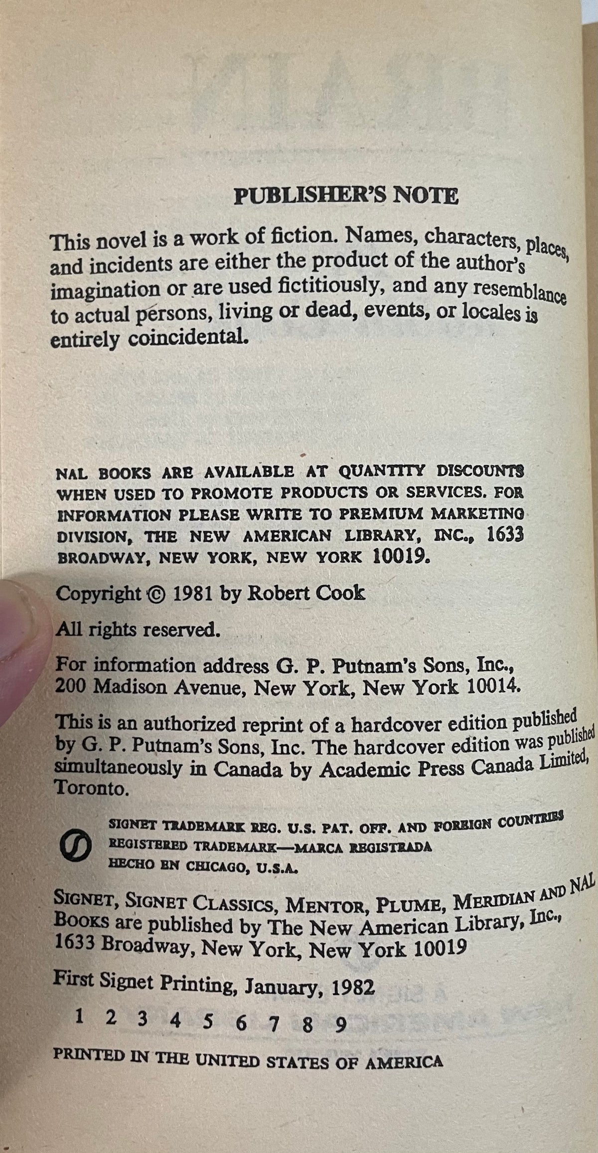 Brain by Robin Cook Copyright Page