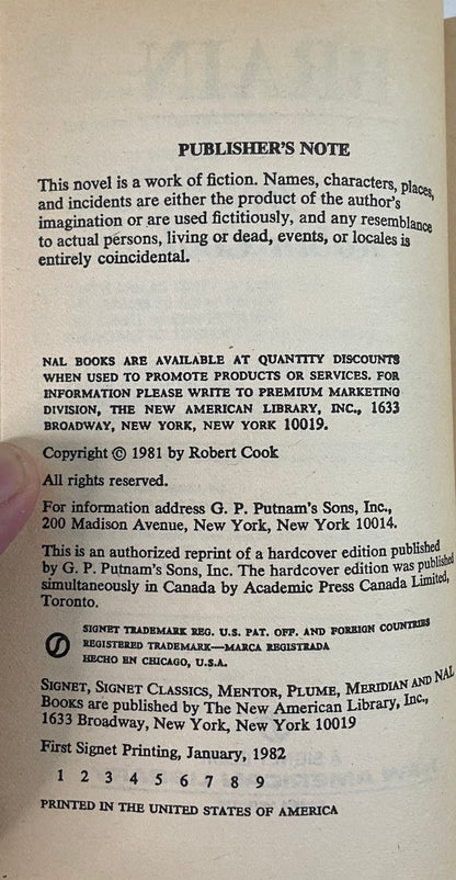 Brain by Robin Cook Copyright Page