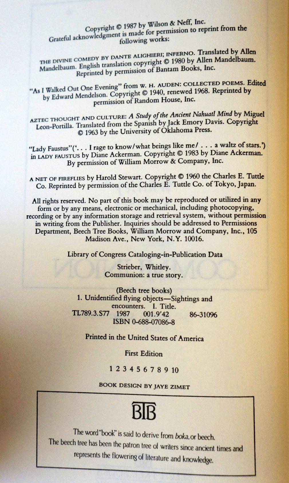 Communion by Whitley Strieber First Edition Hardcover