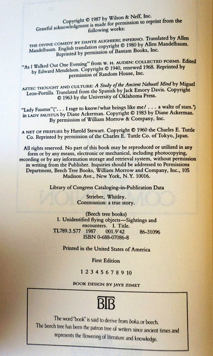 Communion by Whitley Strieber First Edition Hardcover