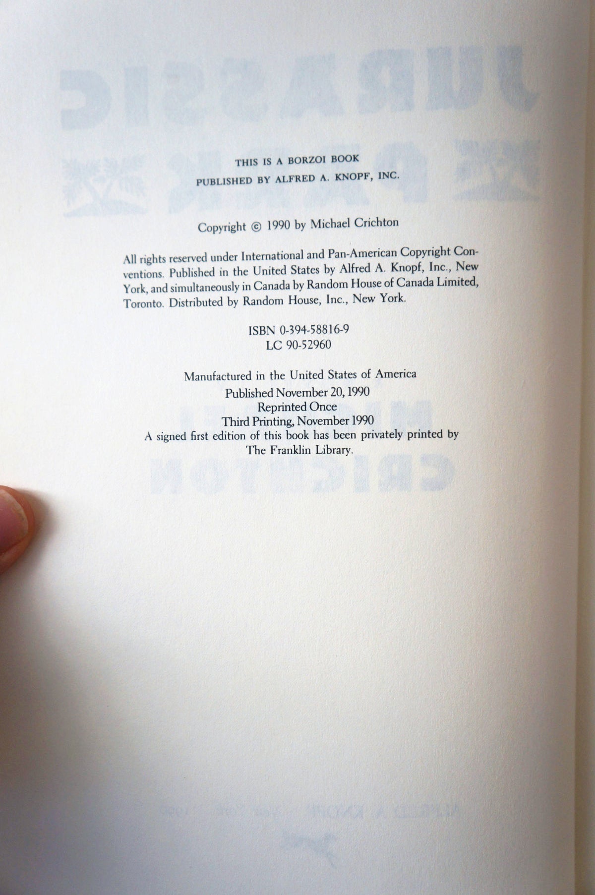 Jurassic Park by Michael Crichton 1990 Third Printing Hardcover