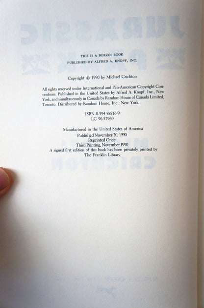 Jurassic Park by Michael Crichton 1990 Third Printing Hardcover