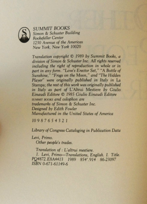 Other People's Trades by Primo Levi First Edition 1989 Hardcover