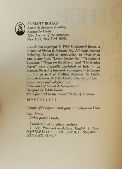 Other People's Trades by Primo Levi First Edition 1989 Hardcover