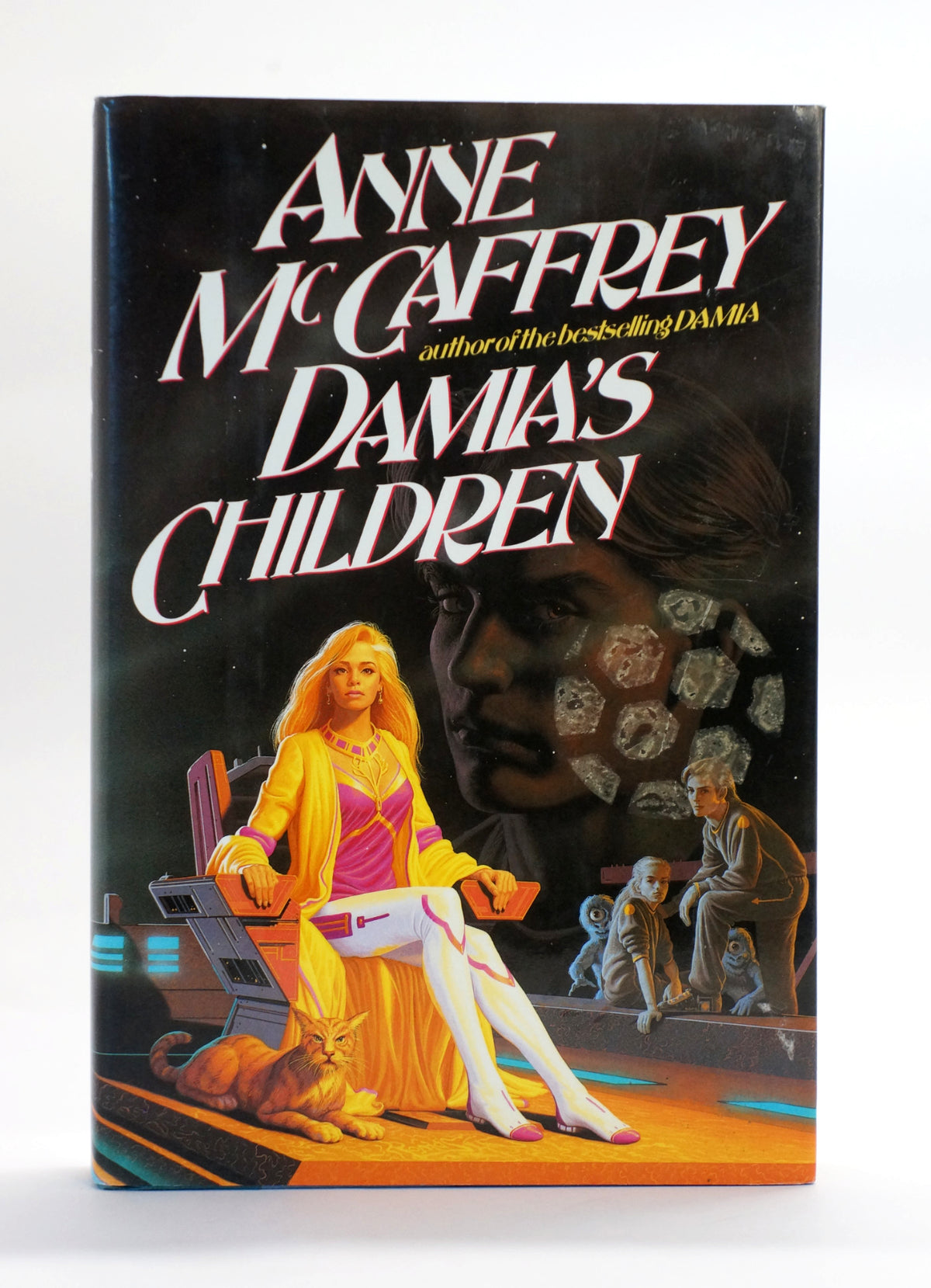 Anne McCaffrey's book 'Damia's Children' featuring a retro-futuristic sci-fi cover illustration with a blonde woman in a yellow dress, a cat, and a large dark face in the background.