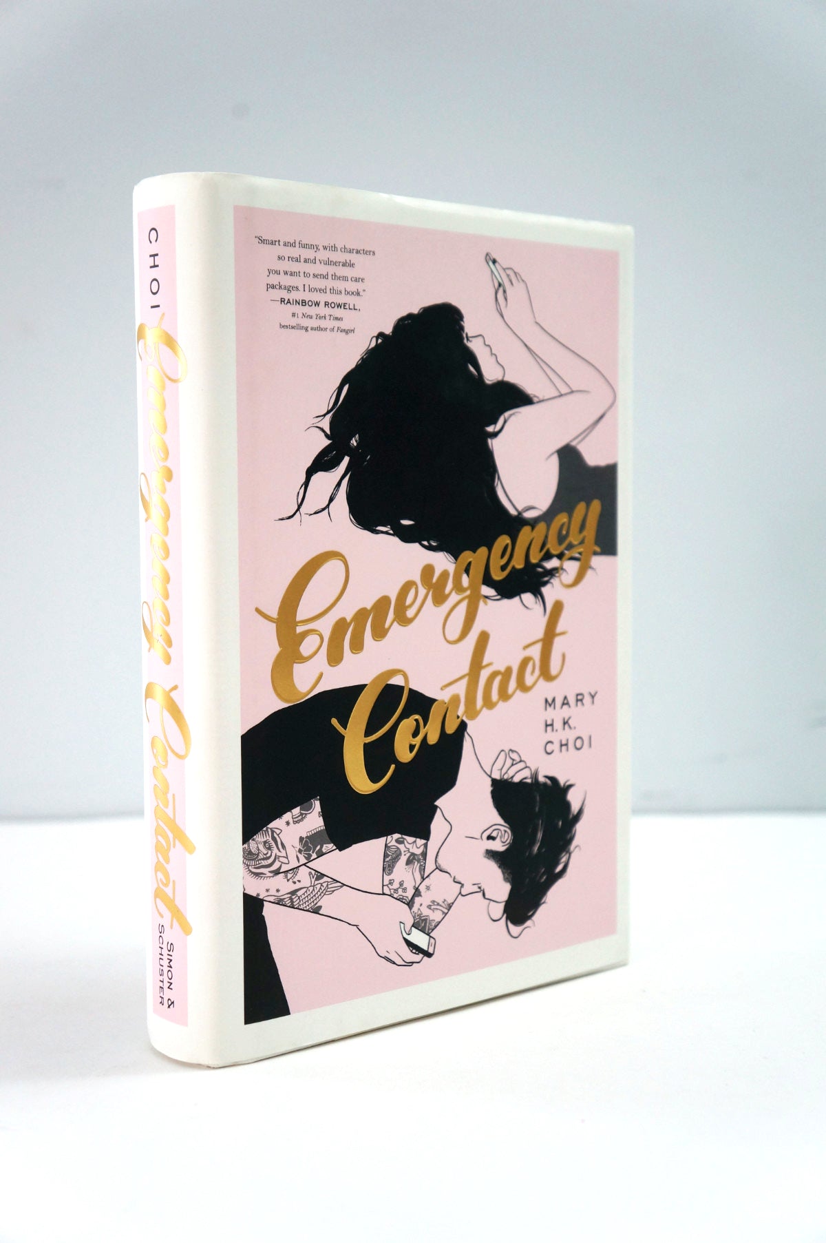 Book cover of 'Emergency Contact' with a stylized illustration on a pink background