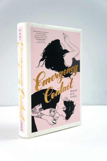 Book cover of 'Emergency Contact' with a stylized illustration on a pink background