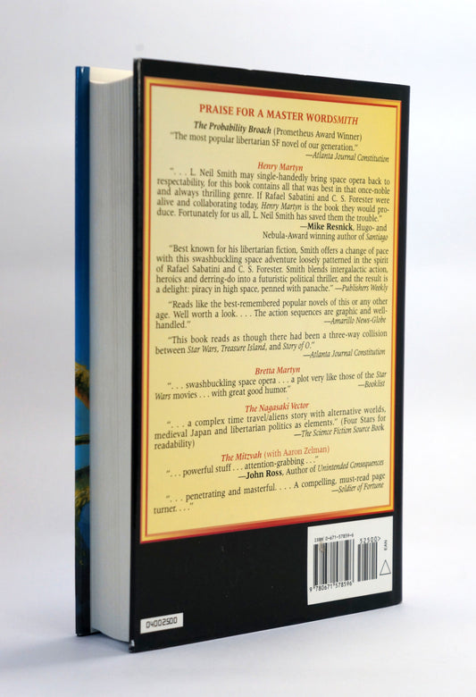 Vintage hardcover copy of the Forge of Elders by L. Neil Smith (back cover) on a white background. 