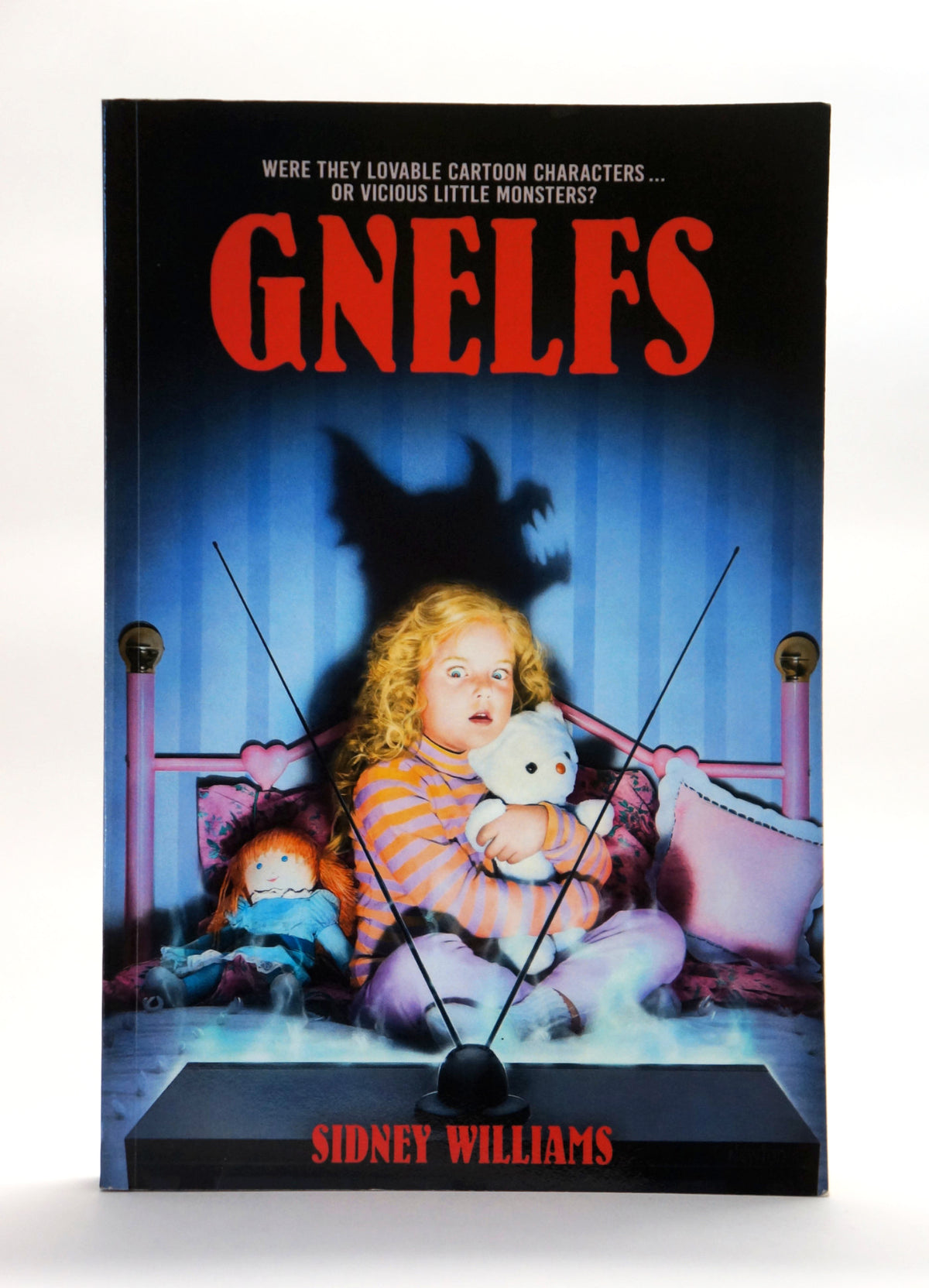 The book cover of 'Gnelves' by Sidney Williams, featuring a dark illustration of a young girl holding a teddy bear in front of a TV set, with the title in bold red letters at the top.