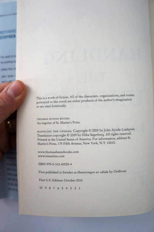 Handling the Undead by John Ajvide Lindqvist First Edition copyright page
