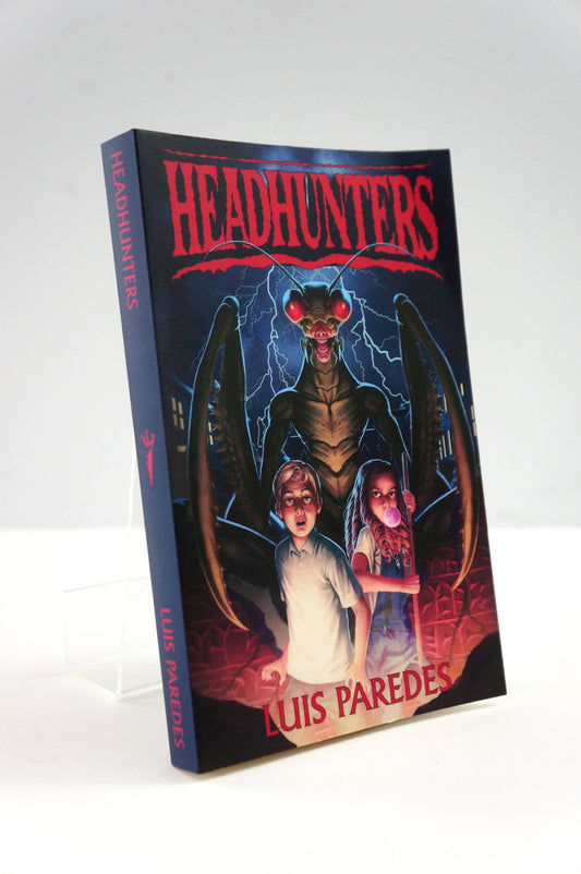 Headhunters by Luis Paredes book cover featuring a giant praying mantis menacing the story's main heroes.