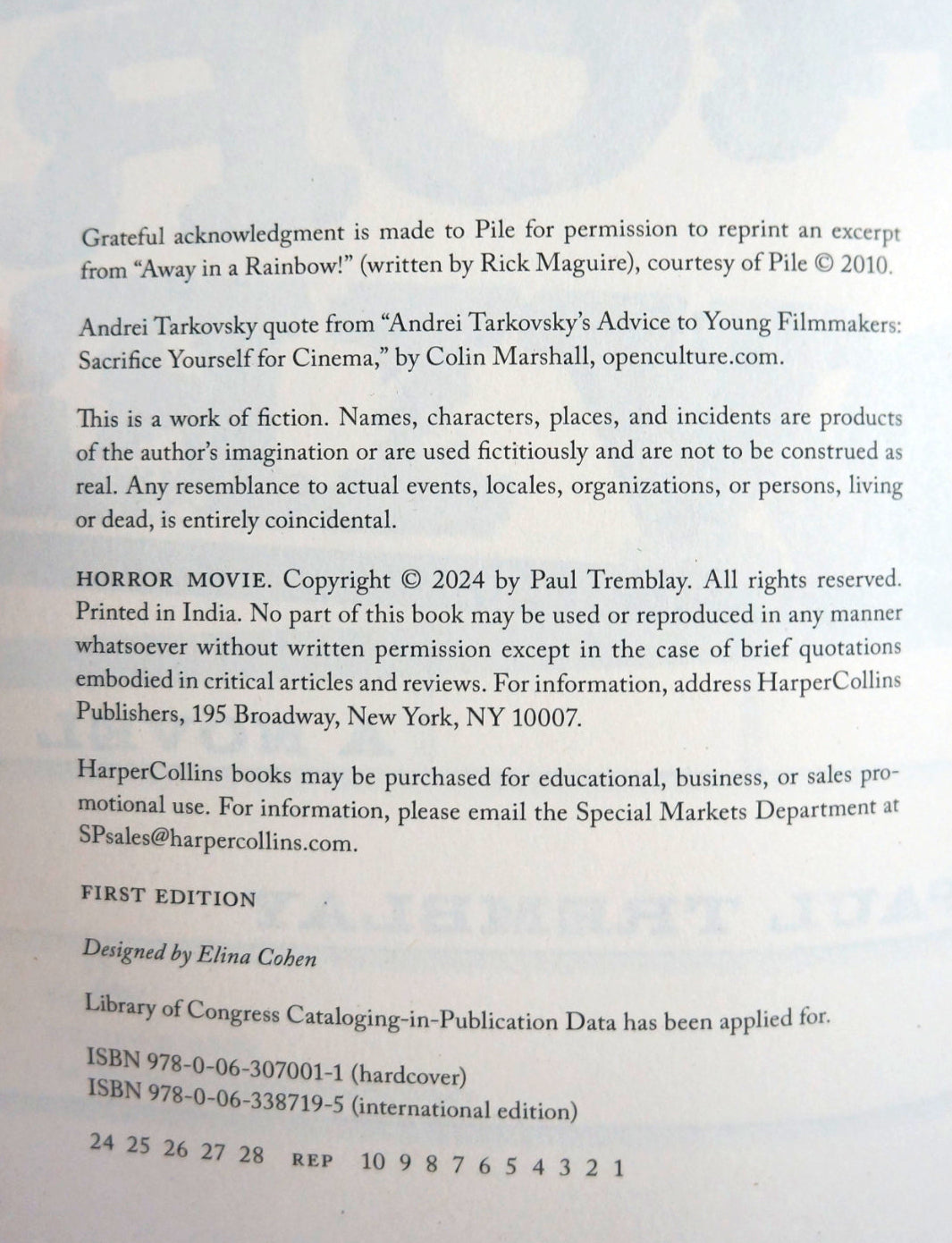 A photographed page of printed publication copyright and permission text, with publisher information for HarperCollins and ISBN numbers at the bottom.