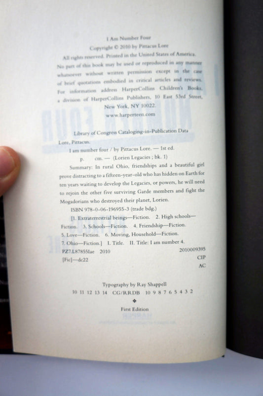 I Am Number Four by Pittacus Lore Cover First Edition copyright page