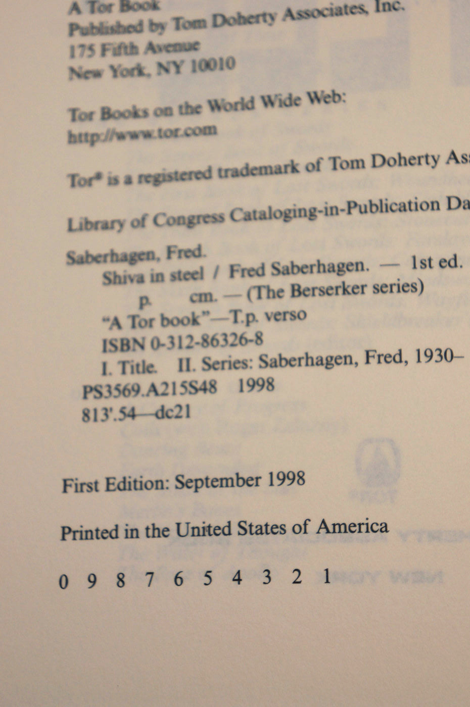 Photo of Shiva in Steel's copyright page focused on the edition which is a stated first edition.
