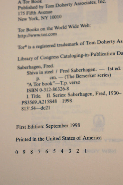 Photo of Shiva in Steel's copyright page focused on the edition which is a stated first edition.