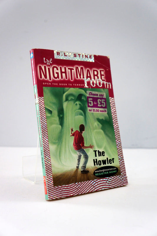 Book titled 'The Nightmare Room: The Howler' by R.L. Stine on a white background