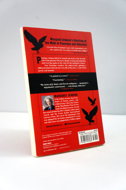 Book cover with red and black design featuring text and images of a woman and birds on a white background.