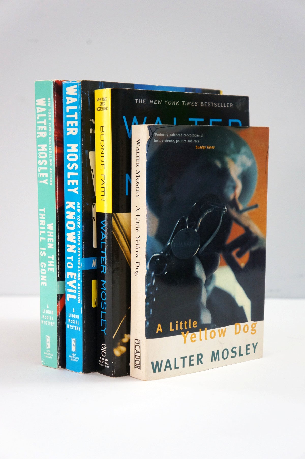 Collection of Walter Mosley books on a white background